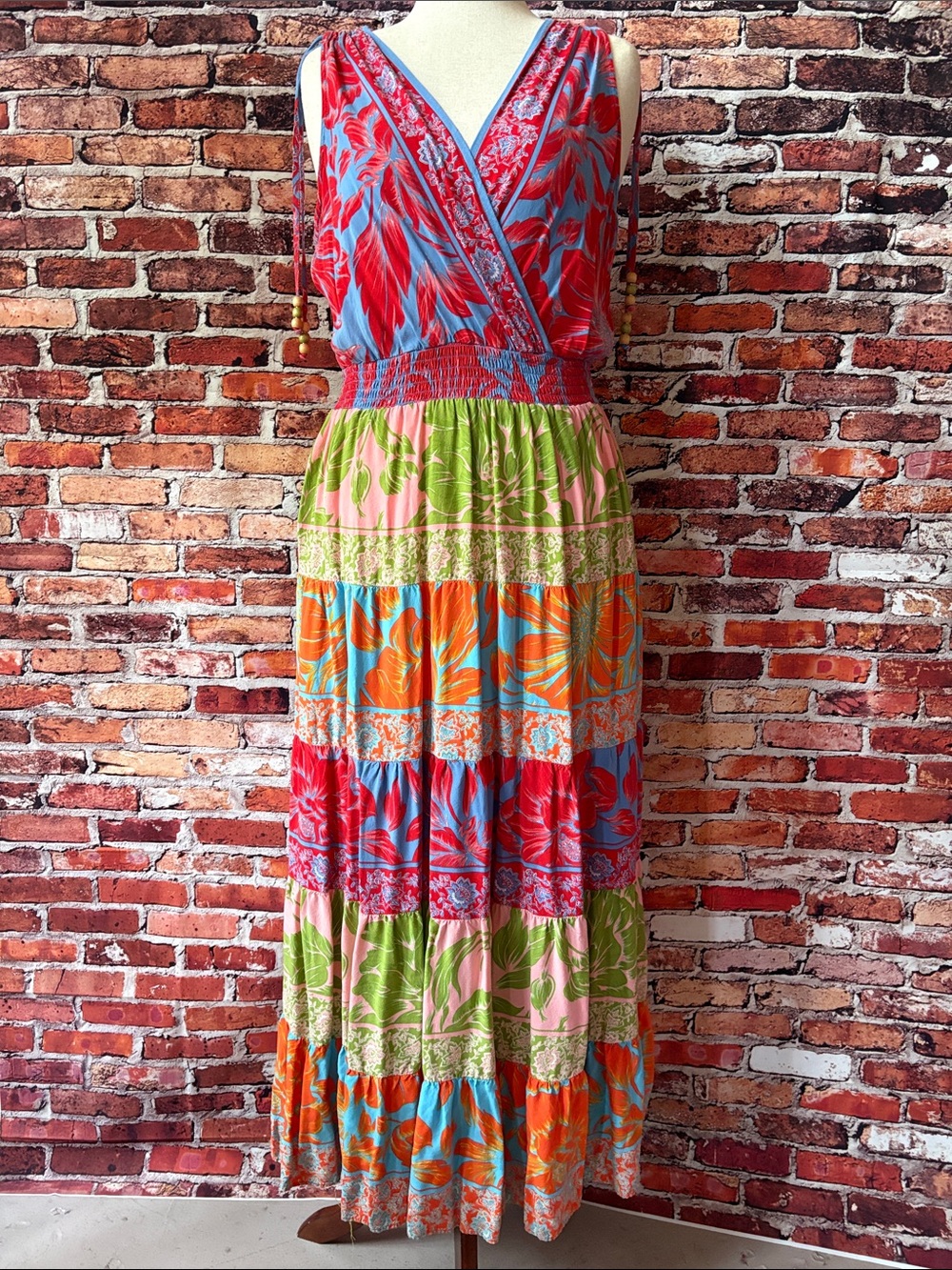 sam and jess Bohemian Multicolor Tiered Maxi Dress with V-Neck Beaded Tie Large